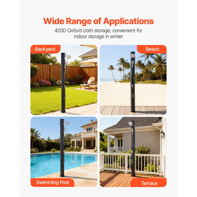 VEVOR 40L Ηλιακό Θερμαινόμενο Ντους, Εξωτερικό Ντους με Ύψος Κεφαλής Ντους 205cm, με Χειροκίνητη & Ποδαρική Βρύση, Ρύθμιση Ζεστού & Κρύου Νερού, Ελεύθερο για Πισίνα Παραλίας, Μαύρο