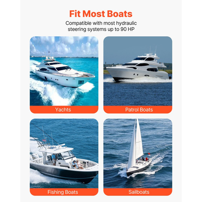 Κιτ υδραυλικού τιμονιού VEVOR, 90 HP, υδραυλικό σύστημα τιμονιού θαλάσσιου σκάφους, με αντλία τιμονιού 6,9 MPa/1000 psi, κύλινδρο κλειδώματος δύο κατευθύνσεων και σωλήνες υψηλής αντοχής 7,32 m, για χρήση σε μία στάση, με έναν κινητήρα