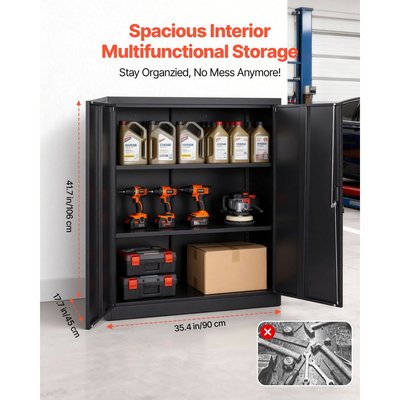 Μεταλλικό ντουλάπι αποθήκευσης VEVOR, μεταλλικό ντουλάπι γκαράζ 106 cm με 2 ρυθμιζόμενα ράφια, 2 μαγνητικές πόρτες και 2 κλειδιά, 3 επίπεδα αποθήκευσης εργαλείων με κλειδαριά για ντουλάπι τροφίμων, αποθήκη, υπόγειο, γραφείο, μαύρο