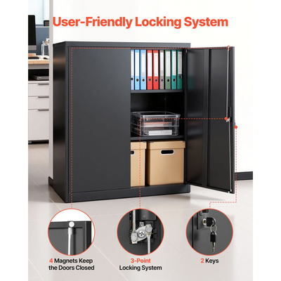 Μεταλλικό ντουλάπι αποθήκευσης VEVOR, μεταλλικό ντουλάπι γκαράζ 106 cm με 2 ρυθμιζόμενα ράφια, 2 μαγνητικές πόρτες και 2 κλειδιά, 3 επίπεδα αποθήκευσης εργαλείων με κλειδαριά για ντουλάπι τροφίμων, αποθήκη, υπόγειο, γραφείο, μαύρο