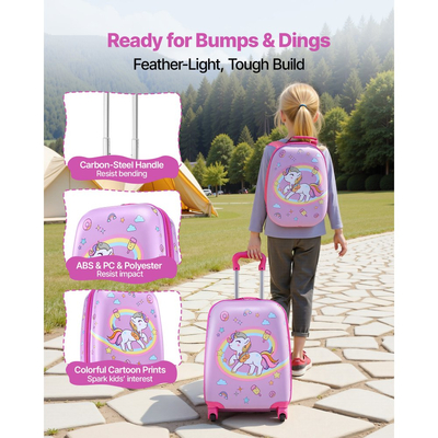 Σετ Παιδικών Αποσκευών VEVOR, 2 Τεμαχίων, Βαλίτσα 45,7 cm με Σκληρές Ρόδες και Σακίδιο Πλάτης με Σκληρό Κέλυφος, Σετ Παιδικών Αποσκευών Unicorn, Δώρο Γενεθλίων για Κορίτσια & Αγόρια, Εγκεκριμένο από Αεροπορική Εταιρεία
