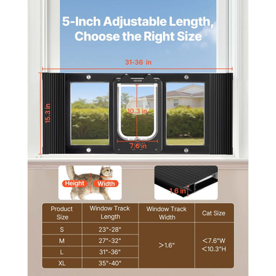 Πόρτα VEVOR για Γάτα, Ρυθμιζόμενη για Πλάτος Παραθύρου 787-914 mm, 4 Λειτουργίες Ασφαλούς Κλειδώματος, Πλαίσιο Αλουμινίου και Γυαλί Υψηλής Διαφάνειας, Μαγνητικό Κλείσιμο, Αδιάβροχη Πόρτα Κατοικίδιων για Γάτες με Γρήγορη Τοποθέτηση, Μαύρο