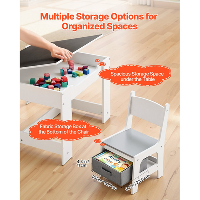 Σετ τραπεζιού και 2 καρεκλών VEVOR για παιδιά, Σετ τραπεζιού και καρέκλας για νήπια με χώρο αποθήκευσης κάτω από το τραπέζι, Υφασμάτινο κουτί αποθήκευσης κάτω από τις καρέκλες, Ξύλινο γραφείο για τέχνη, χειροτεχνίες, διάβασμα, μάθηση, σχέδιο, λευκό