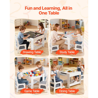 Σετ τραπεζιού και 2 καρεκλών VEVOR για παιδιά, Σετ τραπεζιού και καρέκλας για νήπια με χώρο αποθήκευσης κάτω από το τραπέζι, Υφασμάτινο κουτί αποθήκευσης κάτω από τις καρέκλες, Ξύλινο γραφείο για τέχνη, χειροτεχνίες, διάβασμα, μάθηση, σχέδιο, λευκό