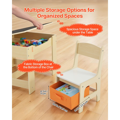 Σετ παιδικού τραπεζιού και 2 καρεκλών VEVOR, Σετ τραπεζιού και καρέκλας για νήπια με χώρο αποθήκευσης κάτω από το τραπέζι, Υφασμάτινο κουτί αποθήκευσης κάτω από τις καρέκλες, Ξύλινο γραφείο για τέχνη, χειροτεχνίες, διάβασμα, μάθηση, σχέδιο, ξύλο Burlywood