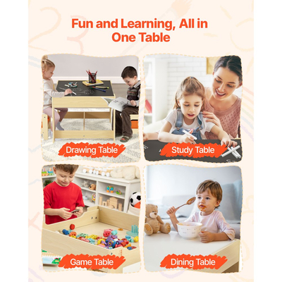 Σετ παιδικού τραπεζιού και 2 καρεκλών VEVOR, Σετ τραπεζιού και καρέκλας για νήπια με χώρο αποθήκευσης κάτω από το τραπέζι, Υφασμάτινο κουτί αποθήκευσης κάτω από τις καρέκλες, Ξύλινο γραφείο για τέχνη, χειροτεχνίες, διάβασμα, μάθηση, σχέδιο, ξύλο Burlywood