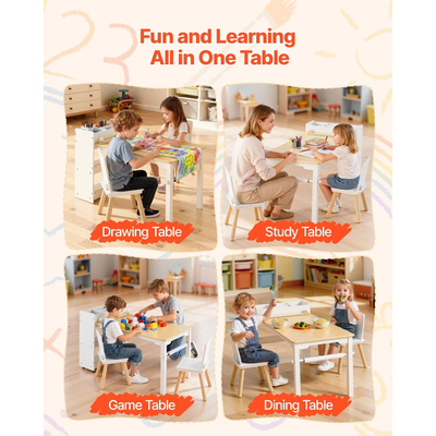 Σετ τραπεζιού και καρέκλας τέχνης VEVOR για παιδιά, τραπέζι χειροτεχνίας για νήπια με ντουλάπι αποθήκευσης 3 επιπέδων, ξύλινο γραφείο δραστηριοτήτων για παιδιά με 2 καρέκλες, γραφείο τέχνης για ανάγνωση, μάθηση, σχέδιο, γραφή, λευκό
