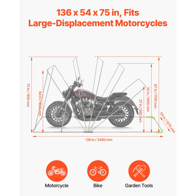 Στέγαστρο αποθήκευσης μοτοσικλέτας VEVOR με κλειδαριά ασφαλείας, σκηνή γκαράζ Oxford Flip-Up 600D, κάλυμμα μοτοσικλέτας βαρέως τύπου για όλες τις καιρικές συνθήκες με παράθυρα εξαερισμού, στέγαστρο οχήματος εξωτερικού χώρου 346x137,5x190 cm, μαύρο