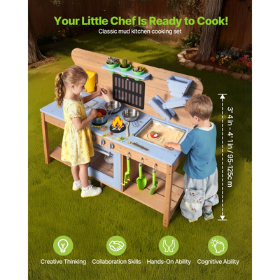 Κουζίνα από λάσπη VEVOR, Κουζίνα από λάσπη εξωτερικού χώρου για παιδιά, Ξύλινες κουζίνες εξωτερικού χώρου με σόμπες, γάντζους, διπλούς νεροχύτες, φτυάρια φύτευσης, σπάτουλες, μαγειρικά σκεύη, γλάστρες και αξεσουάρ, παιχνίδι με νερό και άμμο