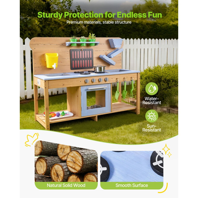 Κουζίνα από λάσπη VEVOR, Κουζίνα από λάσπη εξωτερικού χώρου για παιδιά, Ξύλινες κουζίνες εξωτερικού χώρου με σόμπες, γάντζους, διπλούς νεροχύτες, φτυάρια φύτευσης, σπάτουλες, μαγειρικά σκεύη, γλάστρες και αξεσουάρ, παιχνίδι με νερό και άμμο