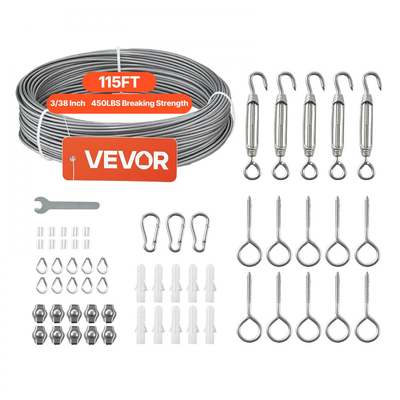 Κιτ συρματόσχοινου VEVOR 2 mm, μήκος 35,1 m, καλώδιο από ανοξείδωτο χάλυβα 304, αντοχή σε θραύση 2 kN, κατασκευή 7 x 7 κλώνων, χαλύβδινο καλώδιο για σύστημα κιγκλιδωμάτων καταστρώματος, πέργκολα κήπου, φωτιστικά σε σειρά