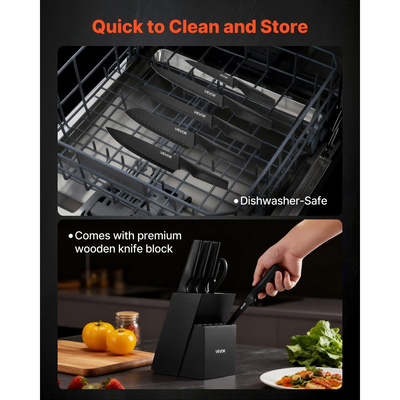 Σετ μαχαιριών κουζίνας VEVOR με μπλοκ και ξύστρα, Σετ μαχαιριών κουζίνας 15 τεμαχίων από γερμανικό ανοξείδωτο ατσάλι υψηλής περιεκτικότητας σε άνθρακα, μαχαιροπίρουνα κουζίνας με εργονομική λαβή PP, ράβδο ακονίσματος και ξύλινο μπλοκ, για οικιακούς μάγειρες