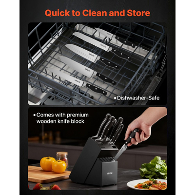 Σετ μαχαιριών κουζίνας VEVOR με μπλοκ και ξύστρα, Σετ 15 τεμαχίων από ανοξείδωτο ατσάλι υψηλής περιεκτικότητας σε άνθρακα, μαχαιροπίρουνα κουζίνας με λαβή ανθεκτική στις ρωγμές, ράβδο ακονίσματος και ξύλινο μπλοκ, για οικιακούς μάγειρες