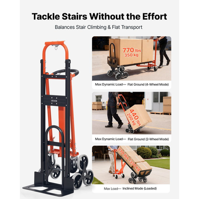 VEVOR 3 σε 1 Βιομηχανικό Μετατρέψιμο Καρότσι Αναρρίχησης Σκάλας, Μέγιστο Φορτίο 350 kg, Πτυσσόμενο Φορτηγά Χειρός με Λαβή & Τροχούς, Βοηθητικό Καρότσι Αναρρίχησης Σκάλας για Μεταφορά & Μετακίνηση, Πορτοκαλί & Ασημί