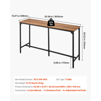 Τραπέζι Μπαρ VEVOR, 1 τεμάχιο τραπέζι μπαρ κουζίνας 1600,2 χιλ., ψηλά τραπέζια τραπεζαρίας με στρογγυλεμένες άκρες, ορθογώνια τραπέζια κουζίνας με ψηλή κορυφή για μπαλκόνι, σαλόνι, ανοιχτό καφέ, μαύρο, εκτεταμένο οριζόντιο σχέδιο