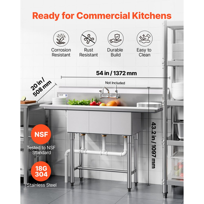 Νιπτήρας VEVOR 3 θέσεων, από ανοξείδωτο ατσάλι 18-Gauge 304, μέγεθος λεκάνης 254x356x254 mm, επαγγελματικός νεροχύτης προετοιμασίας και βοηθητικού χώρου κουζίνας 3 θέσεων με 2 σανίδες αποστράγγισης και πλακάκι πλάτης για εστιατόριο, φορτηγό τροφίμων και οικιακή χρήση