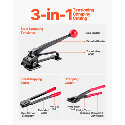 Κιτ δεσίματος χαλύβδινων ταινιών VEVOR, εργαλείο σφράγισης ταινιών βαρέως τύπου με ιμάντες δεσίματος 183 μέτρων, 300 μεταλλικές σφραγίδες, κιτ δεσίματος χειροκίνητης συσκευασίας παλετών για αποθήκη, μεταφορά, βιομηχανική συσκευασία