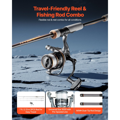 Συνδυασμός καλαμιού και μηχανισμού ψαρέματος VEVOR, συνδυασμός καλαμιού και μηχανισμού περιστροφής IM7 από ανθρακονήματα, καλάμι ψαρέματος λαβρακιού με καλάμια δύο τεμαχίων 2,13μ, 7+1 ρουλεμάν, λαβή EVA, οδηγοί από ανοξείδωτο ατσάλι με κεραμικούς δακτυλίους