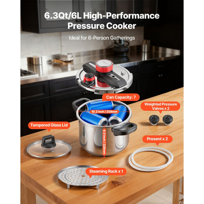 Χύτρα ταχύτητας VEVOR, Χύτρα ταχύτητας 6 λίτρων από ανοξείδωτο ατσάλι, Δοχείο πίεσης με σχάρα ατμού, Καπάκι από σκληρυμένο γυαλί, Τρεις ρυθμίσεις πίεσης για κρέας, φασόλια, ρύζι, σούπα, σάλτσες, Μαγείρεμα έως 100 kPa