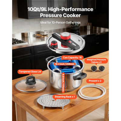 Χύτρα ταχύτητας VEVOR, Χύτρα ταχύτητας 9 λίτρων από ανοξείδωτο ατσάλι, Δοχείο πίεσης με σχάρα ατμού, Καπάκι από σκληρυμένο γυαλί, Τρεις ρυθμίσεις πίεσης για κρέας, φασόλια, ρύζι, σούπα, σάλτσες, Μαγείρεμα έως 100 kPa