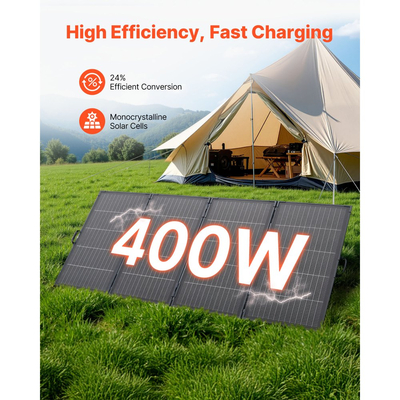 Πτυσσόμενο ηλιακό πάνελ VEVOR 400W με πλαίσιο, μονοκρυσταλλικός φορτιστής ηλιακού πάνελ 16BB τύπου N, απόδοση 24%, αδιάβροχο IP67 με έξοδο MC4 και προσαρμογέα DC 10 σε 1 για σταθμούς παραγωγής ενέργειας, κάμπινγκ, πεζοπορία