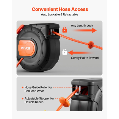 Ανασυρόμενο καρούλι λάστιχου αέρα VEVOR, λάστιχο αέρα PVC 30m x 9,5mm μέγιστο 300PSI, κλειστό καρούλι λάστιχων αεροσυμπιεστή με αυτόματη επανατύλιξη με εισαγωγή 2m, περιστρεφόμενη βάση τοίχου 180° για γκαράζ και συνεργεία