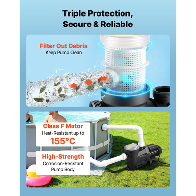 Αντλία πισίνας VEVOR, 1300W, μέγιστη ροή 28.800 L/H, αντλία πισίνας μονής ταχύτητας, AC 220-240V, 2850 RPM, μέγιστη μανομετρική βαλβίδα 17 m, με χρονοδιακόπτη 24 ωρών και καλάθι φίλτρου, για υπέργειες και εντοιχισμένες πισίνες, υδρομασάζ, σπα