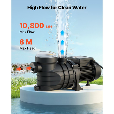 Αντλία πισίνας VEVOR Υπέργεια, 180W, Μέγιστη ροή 10.800 L/H, Μονή ταχύτητα, AC 220-240V, 2850 RPM, Μέγιστη ανύψωση κεφαλής 8 m, με καλάθι φίλτρου και καπάκι, για υπέργειες πισίνες, υδρομασάζ και σπα