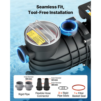 Αντλία πισίνας VEVOR Υπέργεια, 180W, Μέγιστη ροή 10.800 L/H, Μονή ταχύτητα, AC 220-240V, 2850 RPM, Μέγιστη ανύψωση κεφαλής 8 m, με καλάθι φίλτρου και καπάκι, για υπέργειες πισίνες, υδρομασάζ και σπα