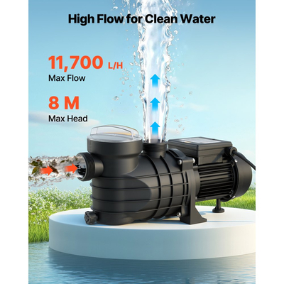 Αντλία πισίνας VEVOR Υπέργεια, 250W, Μέγιστη ροή 11.700 L/H, Μονή ταχύτητα, AC 220-240V, 2850 RPM, Μέγιστη ανύψωση κεφαλής 8 m, με καλάθι φίλτρου και καπάκι, για υπέργειες πισίνες, υδρομασάζ και σπα