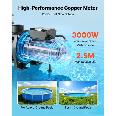 Αντλία πισίνας VEVOR, 3000W, μέγιστη ροή 35.000 L/H, αντλία πισίνας μονής ταχύτητας, AC 220-240V, 2860 σ.α.λ., μέγιστη μανομετρική βαλβίδα 19 m, με χρονοδιακόπτη 24 ωρών και καλάθι φίλτρου, για υπέργειες και εντοιχισμένες πισίνες, υδρομασάζ, σπα