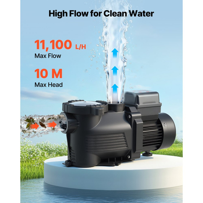 Αντλία πισίνας VEVOR, 400W, μέγιστη ροή 11.100 L/H, αντλία πισίνας μονής ταχύτητας, AC 220-240V, 3450 RPM, μέγιστη μανομετρική βαλβίδα 10 m, με χρονοδιακόπτη 24 ωρών και καλάθι φίλτρου, για υπέργειες και εντοιχισμένες πισίνες, υδρομασάζ, σπα