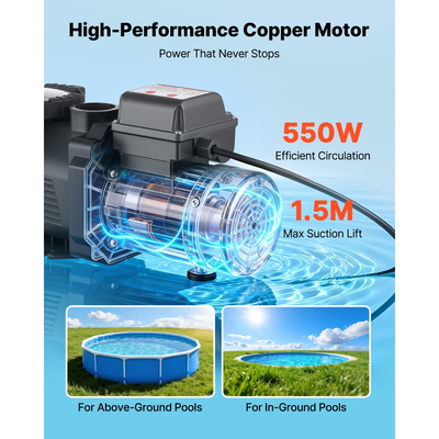 Αντλία πισίνας VEVOR, 550W, μέγιστη ροή 14.000 L/H, αντλία πισίνας μονής ταχύτητας, AC 220-240V, 3450 RPM, μέγιστη κεφαλή 12 m, με χρονοδιακόπτη 24 ωρών και καλάθι φίλτρου, για υπέργειες και εντοιχισμένες πισίνες, υδρομασάζ, σπα