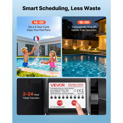 Αντλία πισίνας VEVOR, 550W, μέγιστη ροή 14.000 L/H, αντλία πισίνας μονής ταχύτητας, AC 220-240V, 3450 RPM, μέγιστη κεφαλή 12 m, με χρονοδιακόπτη 24 ωρών και καλάθι φίλτρου, για υπέργειες και εντοιχισμένες πισίνες, υδρομασάζ, σπα