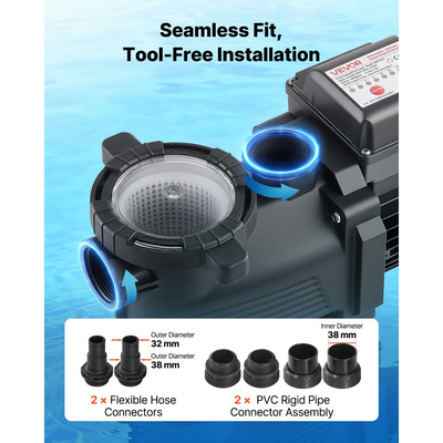 Αντλία πισίνας VEVOR, 550W, μέγιστη ροή 14.000 L/H, αντλία πισίνας μονής ταχύτητας, AC 220-240V, 3450 RPM, μέγιστη κεφαλή 12 m, με χρονοδιακόπτη 24 ωρών και καλάθι φίλτρου, για υπέργειες και εντοιχισμένες πισίνες, υδρομασάζ, σπα