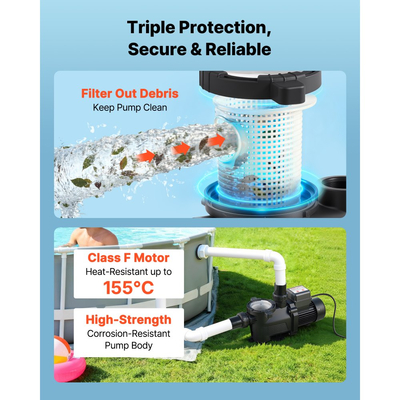 Αντλία πισίνας VEVOR, 550W, μέγιστη ροή 14.000 L/H, αντλία πισίνας μονής ταχύτητας, AC 220-240V, 3450 RPM, μέγιστη κεφαλή 12 m, με χρονοδιακόπτη 24 ωρών και καλάθι φίλτρου, για υπέργειες και εντοιχισμένες πισίνες, υδρομασάζ, σπα