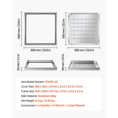 Κάλυμμα φρεατίου VEVOR με πλαίσιο, αόρατα καλύμματα πρόσβασης σε σηπτική δεξαμενή 600 x 600 mm, ενσωματωμένο κάλυμμα επιθεώρησης καναλιού αποστράγγισης από κράμα αλουμινίου για πεζοδρόμια, κήπους, βεράντες