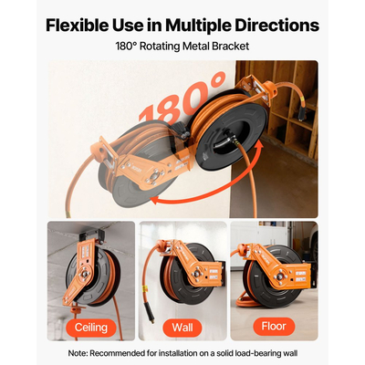 Ανασυρόμενο καρούλι λάστιχου αέρα VEVOR, λαστιχένιος λάστιχος αέρα 15m x 9,5mm μέγιστο 300PSI, καρούλι λάστιχων αεροσυμπιεστή με αυτόματη επανατύλιξη με είσοδο 1m, περιστρεφόμενη 180° τοποθέτηση σε οροφή/τοίχο για συνεργεία γκαράζ