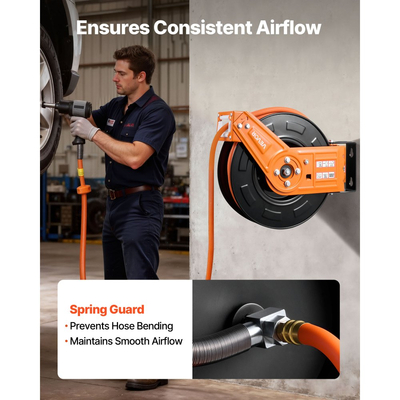 Ανασυρόμενο καρούλι λάστιχου αέρα VEVOR, λαστιχένιος λάστιχος αέρα 15m x 9,5mm μέγιστο 300PSI, καρούλι λάστιχων αεροσυμπιεστή με αυτόματη επανατύλιξη με είσοδο 1m, περιστρεφόμενη 180° τοποθέτηση σε οροφή/τοίχο για συνεργεία γκαράζ