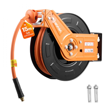 Ανασυρόμενο καρούλι λάστιχου αέρα VEVOR, λαστιχένιος λάστιχος αέρα 15m x 9,5mm μέγιστο 300PSI, καρούλι λάστιχων αεροσυμπιεστή με αυτόματη επανατύλιξη με είσοδο 1m, περιστρεφόμενη 180° τοποθέτηση σε οροφή/τοίχο για συνεργεία γκαράζ