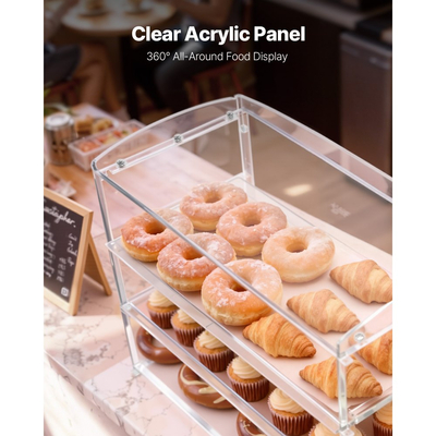 Βιτρίνα αρτοποιίας VEVOR, 3-επίπεδη επαγγελματική βιτρίνα ζαχαροπλαστικής για τον πάγκο εργασίας, διαφανές ακρυλικό κουτί ψωμιού για την κουζίνα, ντουλάπι κέικ για πάρτι με αναδιπλούμενη πόρτα για ντόνατ μπισκότων και επιδόρπιο, 482 x 232 x 380 mm