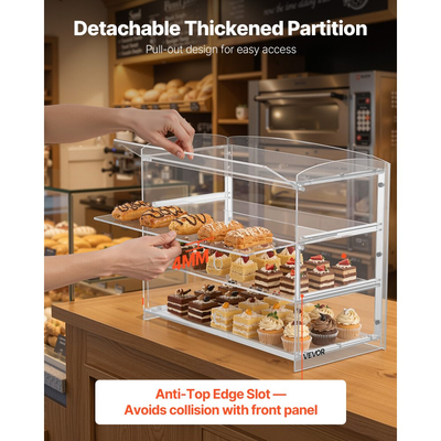 Βιτρίνα αρτοποιίας VEVOR, 3-επίπεδη επαγγελματική βιτρίνα ζαχαροπλαστικής για τον πάγκο εργασίας, διαφανές ακρυλικό κουτί ψωμιού για την κουζίνα, ντουλάπι κέικ για πάρτι με αναδιπλούμενη πόρτα για ντόνατ μπισκότων και επιδόρπιο, 482 x 232 x 380 mm
