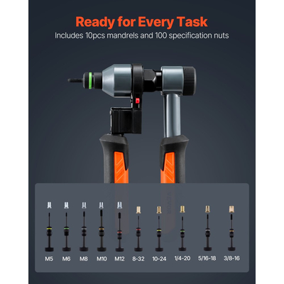 Κιτ εργαλείων παξιμαδιών πριτσινιού VEVOR, κιτ εργαλείων παξιμαδιών πριτσινιού καστάνιας 210 mm, με 10 μανδρέλια και 100 παξιμάδια, μετρικό και μέγεθος SAE M5, M6, M8, M10, M12, 8-32, 10-24, 1/4-20, 5/16-18, 3/8-16 UNC, με ανθεκτική θήκη μεταφοράς