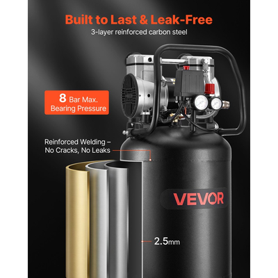 Αεροσυμπιεστής VEVOR 50L, 1,5 kW 113L/min στα 6,2 Bar, Μέγιστη πίεση 8 Bar, Δεξαμενή αεροσυμπιεστή χωρίς λάδι, Φορητός σε τροχούς για επισκευή αυτοκινήτων, φούσκωμα ελαστικών, βαφή με ψεκασμό, καρφώματα ξυλουργικών εργασιών