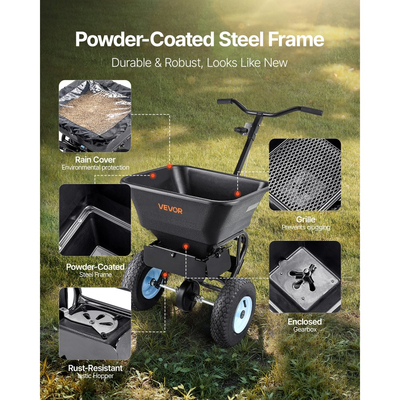 Διασκορπιστής γκαζόν VEVOR, Χωρητικότητα 100 λίβρες, Διασκορπιστής ώθησης με πεζό αμάξι, Πλάτος διασποράς 0-9,8 πόδια, Πνευματικά ελαστικά παντός εδάφους 13 ιντσών, Διασκορπιστές λιπασμάτων με σχάρα χοάνης, για λιώσιμο αλατιού σπόρων
