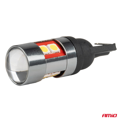 Amio - Λάμπες LED CAN Bus Αυτοκινήτου & Φορτηγού τύπου T10 W5W με τάση λειτουργίας 12V/24V/36V/48V 9xSMD 3030 Λευκού χρώματος απόχρωσης 5.500k (σε χρώμα χρωμίου - μαύρο) - 2 ΤΕΜ (04244/ΑΜ)