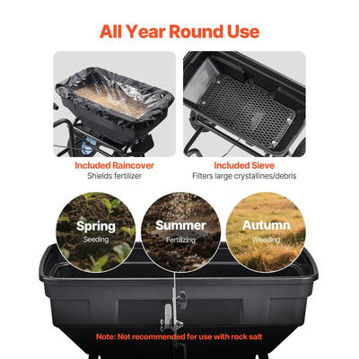 VEVOR Ρυμουλκούμενος Διανομέας Πίσω Διασποράς, Χωρητικότητα 130 λίβρες, Διανομέας Κήπου Ρυμούλκησης/Ώθησης με Ελαστικά 13 ιντσών, Ρυθμιζόμενη Ρύθμιση 30 ιντσών & Πλάτος Διασποράς 9,8 πόδια, Διανομείς Χλοοτάπητα για Σπόρους, Λίπασμα, Αλάτι, Λιωμένο Πάγο