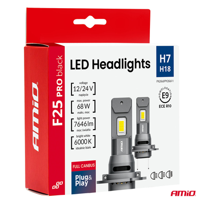 Amio - Λαμπτήρες LED F25 PRO Black Edition H7 68W 12-24V Full CAN Bus με Φωτεινότητα 7646lm σε Ψυχρό Λευκό 6000K για Επιβατικά Αυτοκίνητα & Φορτηγά - Σετ 2 τεμ. (04720/AM)