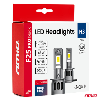 Amio - Λαμπτήρες LED F25 PRO Black Edition H3 68W 12-24V Full CAN Bus με Φωτεινότητα 7646lm σε Ψυχρό Λευκό 6000K για Επιβατικά Αυτοκίνητα & Φορτηγά - Σετ 2 τεμ. (04718/AM)