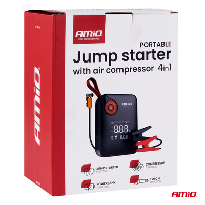 Amio - Φορητός Εκκινητής Μπαταρίας 4 σε 1 τύπου Jump Starter Mini με Κομπρεσέρ Αέρα Φως LED και Powerbank τάση λειτουργίας 12V απόδοσης 7.2Ah 600A για Επιβατικά Αυτοκίνητα - 1 τεμ. (04675/AM)